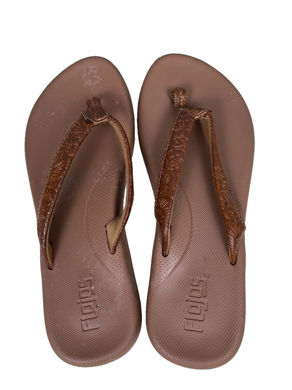 Flojos Fiesta  Sandals Brown Floral Embossed Strap Slip On Womens Sz 9